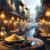 Un paysage marocain hyperrealistic souk medina avec table et couscous